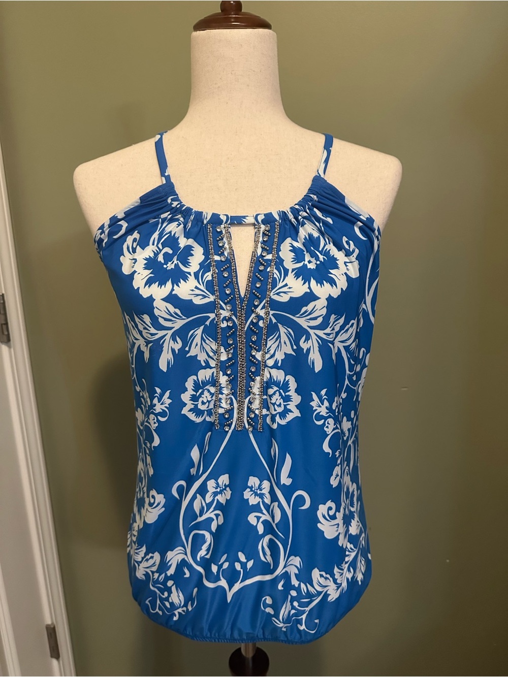 INC International Concepts Blue and White Floral Beaded Halter Tank